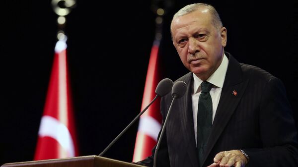 Президент Турции Реджеп Тайип Эрдоган выступает в резиденции президента в Анкаре - اسپوتنیک افغانستان  