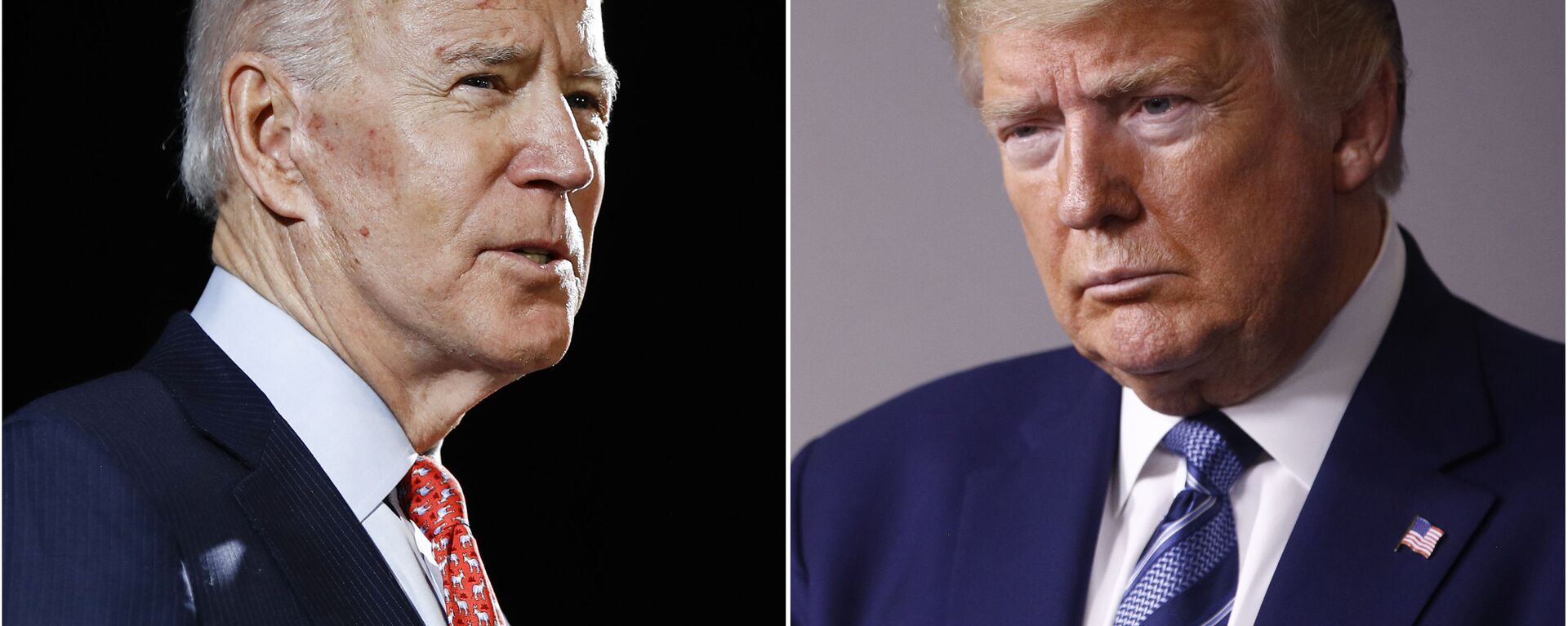FILE - In this combination of file photos, former Vice President Joe Biden speaks in Wilmington, Del., on March 12, 2020, left, and President Donald Trump speaks at the White House in Washington on April 5, 2020. Trump has accused his Democratic rival Biden of having connections to the “radical left” and has pilloried his relationship with China, his record on criminal justice, his plans for the pandemic and even his son's business dealings. (AP Photo, File) - اسپوتنیک افغانستان  , 1920, 22.12.2021