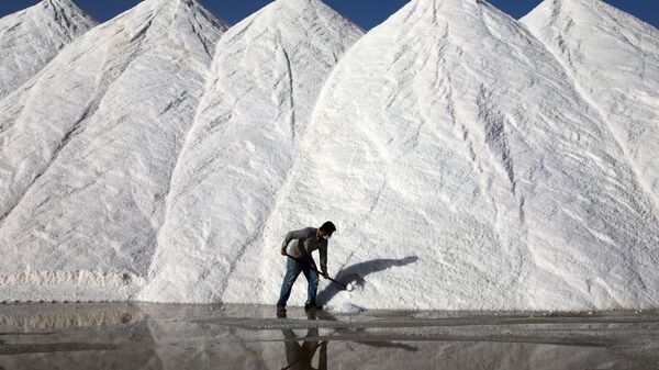 Рабочий соляного завода Коюнджу сгребает большие груды соли на турецком озере Туз в Анкаре - اسپوتنیک افغانستان  
