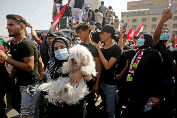 دختری با سگش در تظاهرات بغداد، عراق - اسپوتنیک افغانستان  