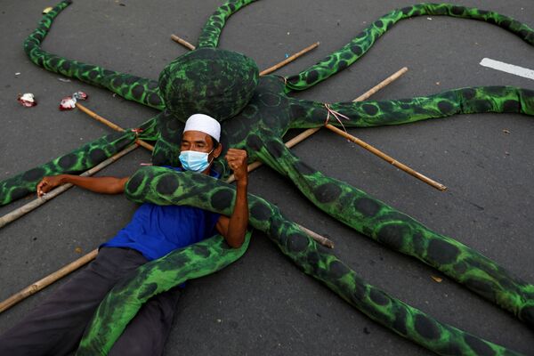 ماهیگیر با ماسک جالبش  در جاکارتا اندونزی - اسپوتنیک افغانستان  