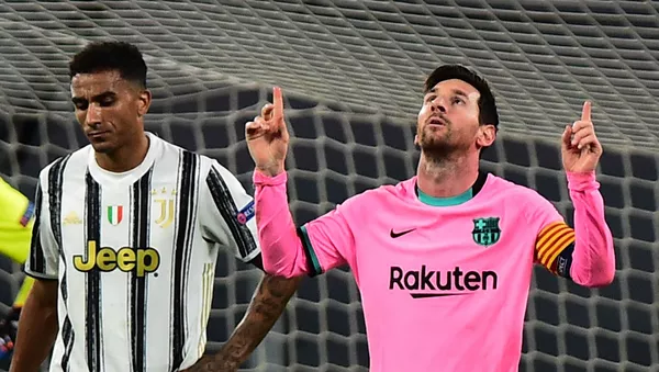 Soccer Football - Champions League - Group G - Juventus v FC Barcelona - Allianz Stadium, Turin, Italy - October 28, 2020  Barcelona's Lionel Messi celebrates scoring their second goal