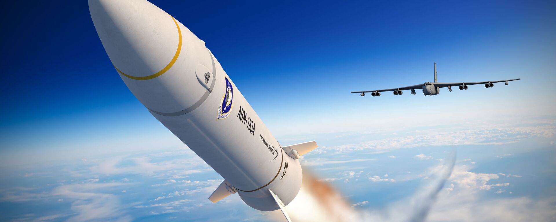 An artist concept of the AGM-183A Air-launched Rapid Response Weapon (ARRW) shows the hypersonic missile after launching from a B-52 bomber, encapsulated in a rocket that accelerates it to hypersonic speed. Lockheed Martin artist rendering. - اسپوتنیک افغانستان  , 1920, 15.04.2023