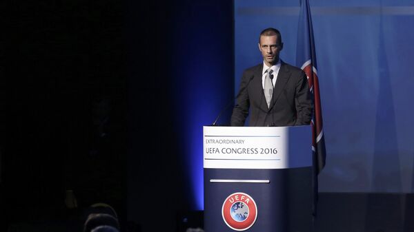 Newly elected UEFA President Aleksander Ceferin of Slovenia delivers a speech during the Extraordinary Congress in Athens, Greece September 14, 2016 - اسپوتنیک افغانستان  