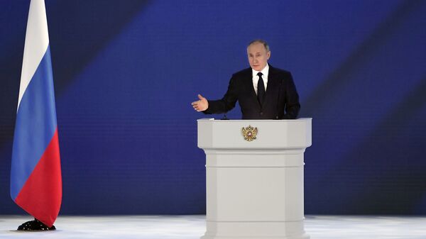 Президент РФ Владимир Путин во время выступления с ежегодным посланием Федеральному Собранию - اسپوتنیک افغانستان  