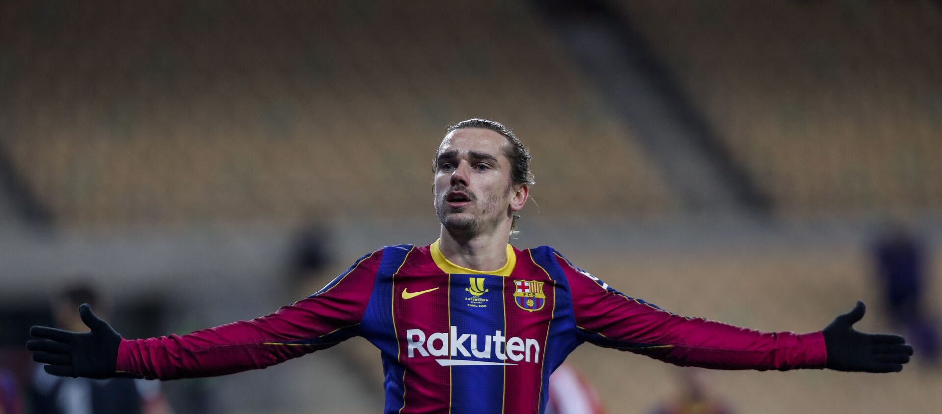 Barcelona's Antoine Griezmann celebrates after scoring his second goal during the Spanish Supercopa final soccer match between FC Barcelona and Athletic Bilbao at La Cartuja stadium in Seville, Spain, Sunday, Jan. 17, 2021. - اسپوتنیک افغانستان  , 1920, 19.05.2021