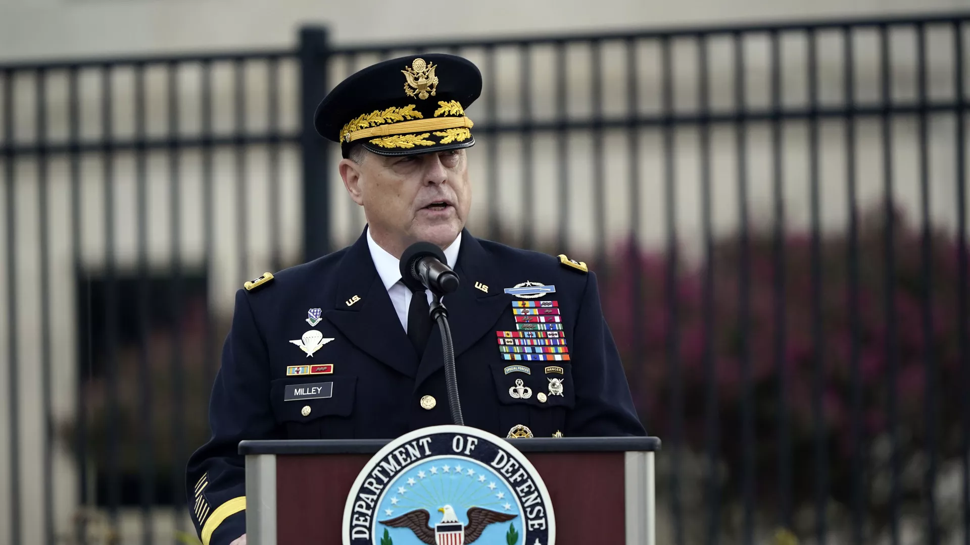 Chairman of the Joint Chiefs Gen. Mark Milley speaks during a ceremony at the National 9/11 Pentagon Memorial to honor the 184 people killed in the 2001 terrorist attack on the Pentagon, in Washington, Friday Sept. 11, 2020