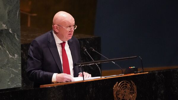 Постоянный представитель РФ при ООН Василий Небензя выступает на пленарном заседании Генеральной ассамблеи Организации Объединенных Наций в Нью-Йорке - اسپوتنیک افغانستان  