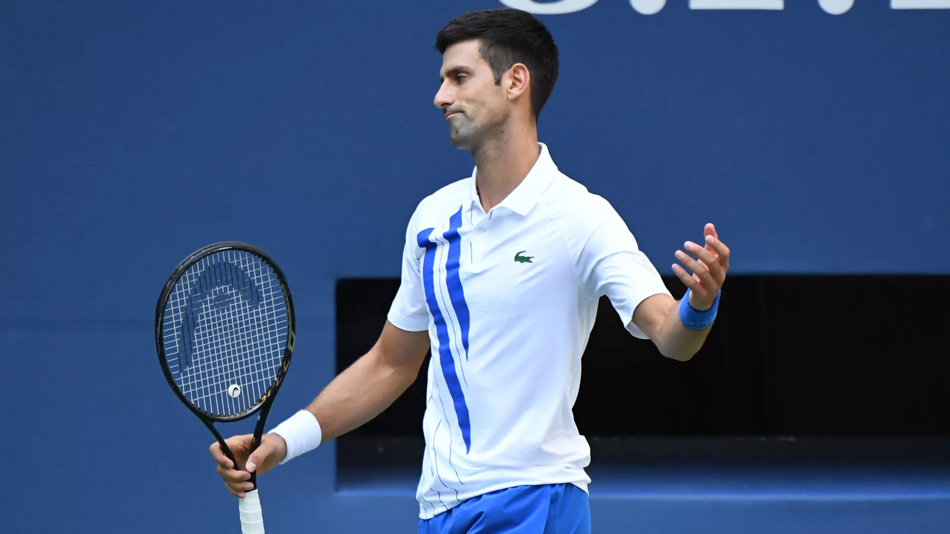 Sep 6, 2020; Flushing Meadows, New York, USA; Novak Djokovic of Serbia reacts after losing a point against Pablo Carreno Busta of Spain (not pictured) on day seven of the 2020 U.S.