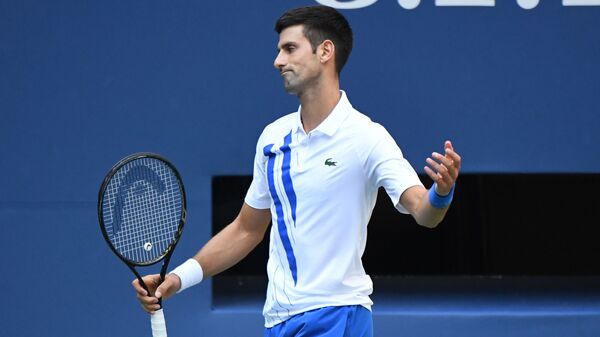 Sep 6, 2020; Flushing Meadows, New York, USA; Novak Djokovic of Serbia reacts after losing a point against Pablo Carreno Busta of Spain (not pictured) on day seven of the 2020 U.S. - اسپوتنیک افغانستان  