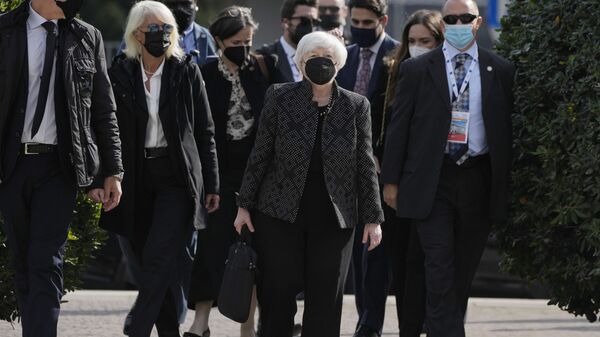Министр финансов США Джанет Йеллен прибывает на встречу министров финансов и здравоохранения G20 в Риме - اسپوتنیک افغانستان  