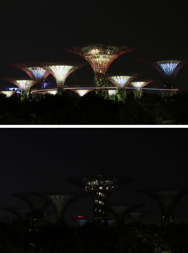 ساعت زمین/باغ‌های کنار خلیج قبل و بعد از خاموش شدن چراغ‌ها  در سنگاپور - اسپوتنیک افغانستان  