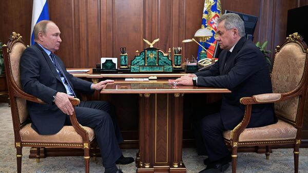 Президент РФ Владимир Путин и министр обороны РФ Сергей Шойгу (справа) во время встречи - اسپوتنیک افغانستان  