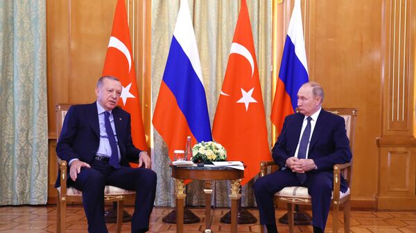 Президент РФ Владимир Путин и президент Турции Реджеп Тайип Эрдоган во время встречи в Сочи - اسپوتنیک افغانستان  