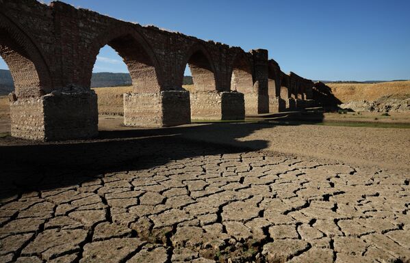 بخشی از رودخانه گوادیانا در 16 اوت 2022 در زیر پل قرون وسطایی Puente de la Mesta در Villarta de los Montes در منطقه مرکزی-غربی اسپانیا در Extremadura خشک شده و جای خود را به خشکی داده است. - اسپوتنیک افغانستان  