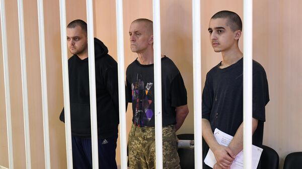 Иностранные наёмники Шон Пиннер, Саадун Брагим и Эйден Эслин в зале суда в Донецке - اسپوتنیک افغانستان  