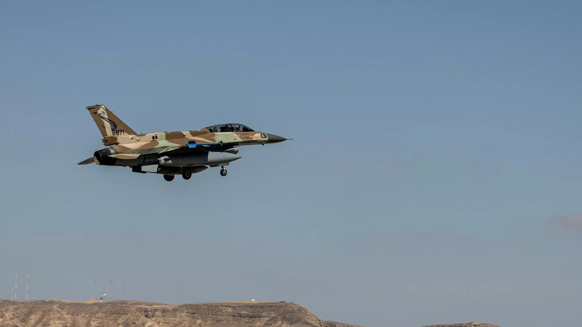 An Israeli F-16 takes off during the bi-annual multi-national aerial exercise known as the Blue Flag, at Ovda airbase near Eilat, southern Israel, Sunday, Oct. 24, 2021. 