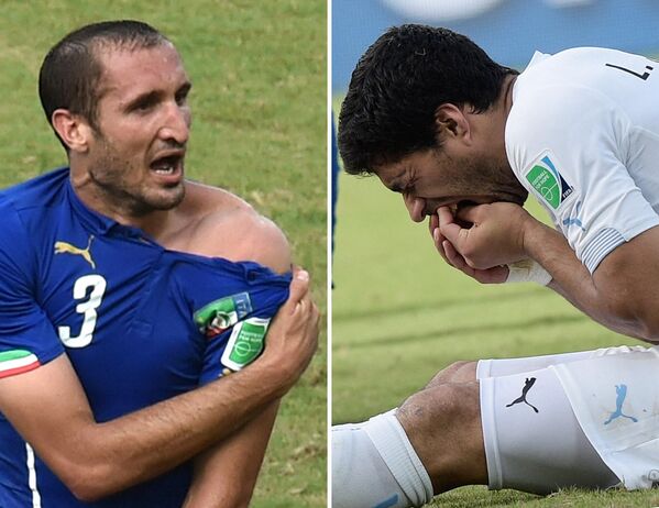 (فایل) این ترکیبی از 2 عکس نشان می دهد که مدافع ایتالیا، جورجیو کیه لینی (L) در حال نشان دادن گزش ظاهری و مهاجم اروگوئه، لوئیس سوارز (R) در حالی که دندان های خود را نگه داشته است، پس از حادثه در جریان بازی گروه D فوتبال بین ایتالیا و اروگوئه در ورزشگاه دوناس آرنا در ناتال. سوارز در 30 جون 2014 در طول جام جهانی فوتبال 2014 در 24 جون 2014، در پیامی که در سایت خود منتشر شد، از جورجیو کیه لینی، مدافع ایتالیایی و از کل &quot;خانواده فوتبال&quot; به دلیل گاز گرفتن که توسط فیفا جریمه شد عذرخواهی کرد. حساب های رسمی توییتر و فیس بوک - اسپوتنیک افغانستان  