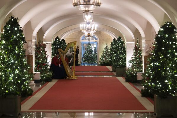 تزیینات کریسمس در سالون مرکزی کاخ سفید در جریان نمایش رسانه ای برای تعطیلات 2022 در کاخ سفید در واشنگتن دی سی، 28 نوامبر 2022 - اسپوتنیک افغانستان  
