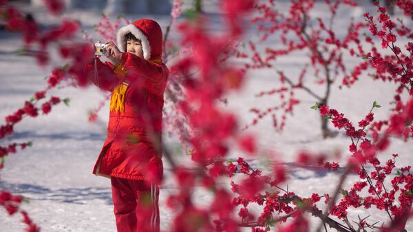 Девушка фотографируется, стоя в снегу на ярмарке храма Лунтань в Пекине, Китай - اسپوتنیک افغانستان  