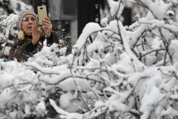 خانمی از شاخه های پوشیده از برف در مسکو عکس می گیرد. در کمتر از یک روز، 12 میلی متر بارندگی در مسکو ثبت شد که 20 فیصد از نورم ماهانه است. - اسپوتنیک افغانستان  
