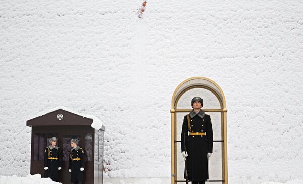 سرباز قطعه تشریفات ریاست جمهوری روسیه در جوار شعله جاویدان در جوار مقبره سرباز گمنام در نزدیکی دیوارهای کرملین مسکو پوشیده از برف در باغ اسکندر. - اسپوتنیک افغانستان  