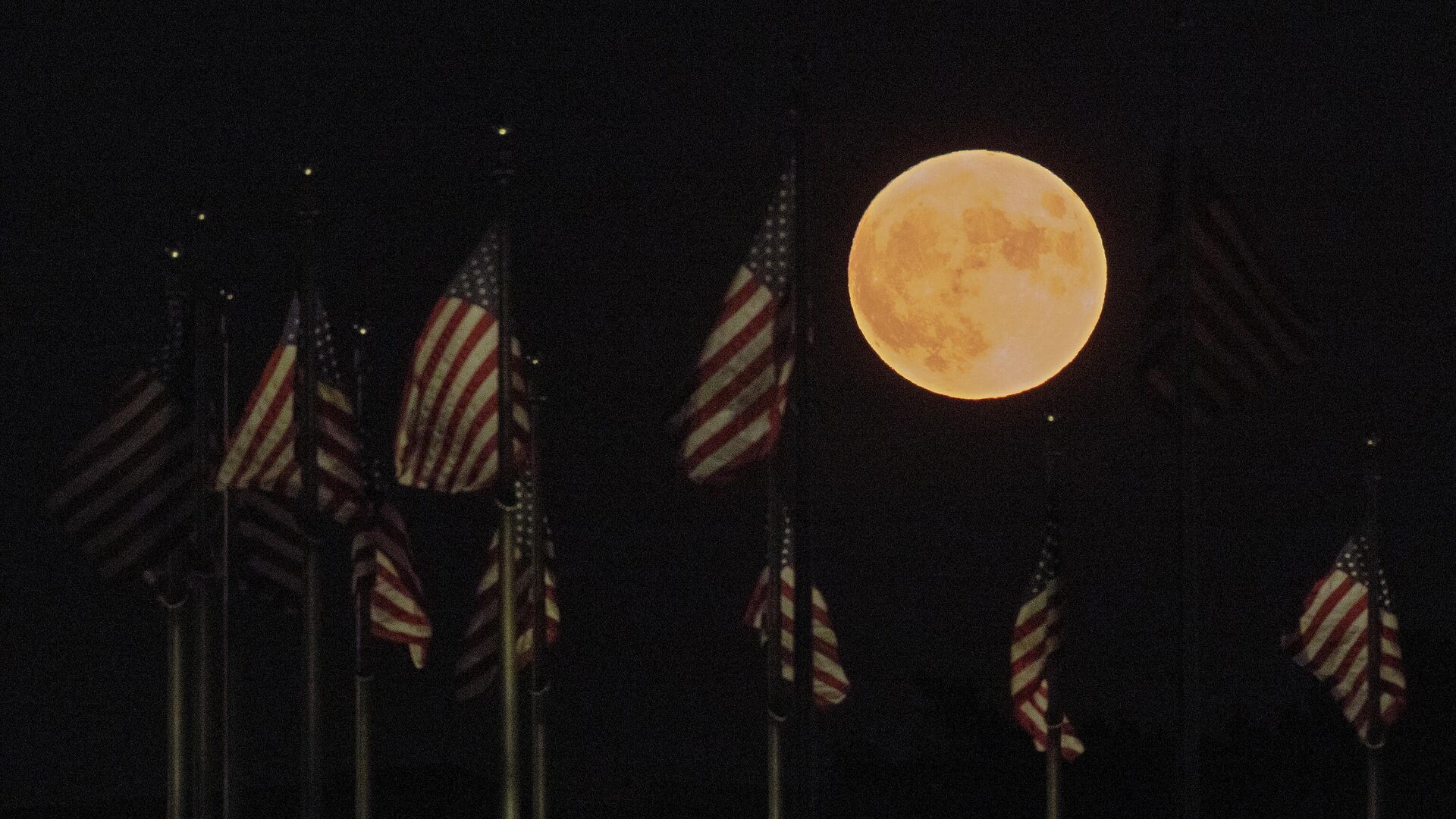 يرتفع القمر خلف أعلام الولايات المتحدة عند قاعدة نصب واشنطن التذكاري في 11 أغسطس 2022 في واشنطن العاصمة. ما يسمى بقمر الحفش هو القمر العملاق الرابع والأخير لعام 2022 - اسپوتنیک افغانستان  , 1920, 22.12.2022