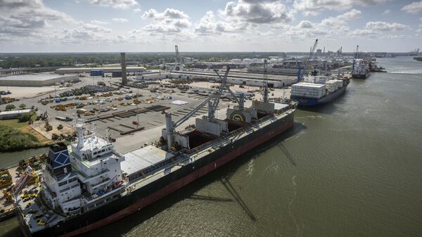 In this photo provided by the Georgia Ports Authority, three vessels work to load and unload cargo at the Georgia Ports Authority Ocean Terminal, June 24, 2022 in Savannah, Georgia. - اسپوتنیک افغانستان  