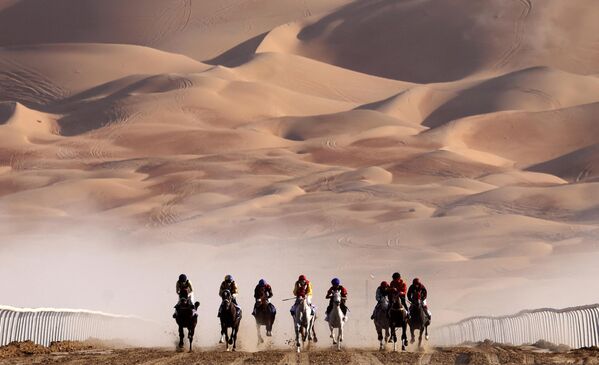 جوکی ها در یک مسابقه برای اسب های اصیل عرب در جشنواره بین المللی لیوا 2023، در حدود 250 کیلومتری غرب امارت خلیج فارس ابوظبی، رقابت می کنند.23 دسامبر 2022.(عکس از کریم صاحب / خبرگزاری فرانسه) - اسپوتنیک افغانستان  