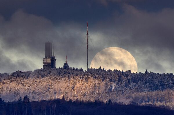 ماه در اوایل دوشنبه 6 فبروری 2023 در پشت بالای کوه فلدبرگ در نزدیکی فرانکفورت آلمان غروب می کند.(عکس / مایکل پروبست) - اسپوتنیک افغانستان  
