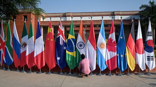 Флаги стран-участниц во время встречи глав МИД G20 в Нью-Дели, Индия - اسپوتنیک افغانستان  