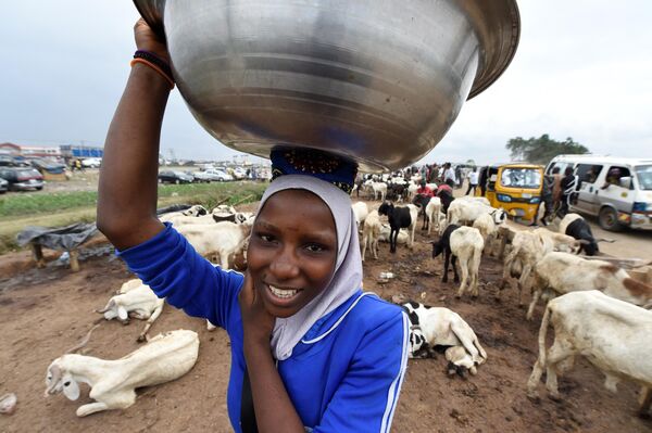 یک دختر جوان پیش از جشنواره مسلمانان عید قربان در بازار گاو در Kara Isheri در ایالت اوگون، جنوب غربی نیجریه، اجناس می‌فروشد.  بازارهای گاو در سراسر کشور فعالیت‌هایی را انجام می‌دهند که عمدتاً  مسلمان خرید می‌کنند.  - اسپوتنیک افغانستان  