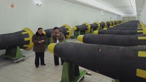 Лидер КНДР Ким Чен Ын и высокопоставленный военный чиновник Ким Чен Сик осматривают баллистические ракеты средней дальности Хвасон-12  - اسپوتنیک افغانستان  