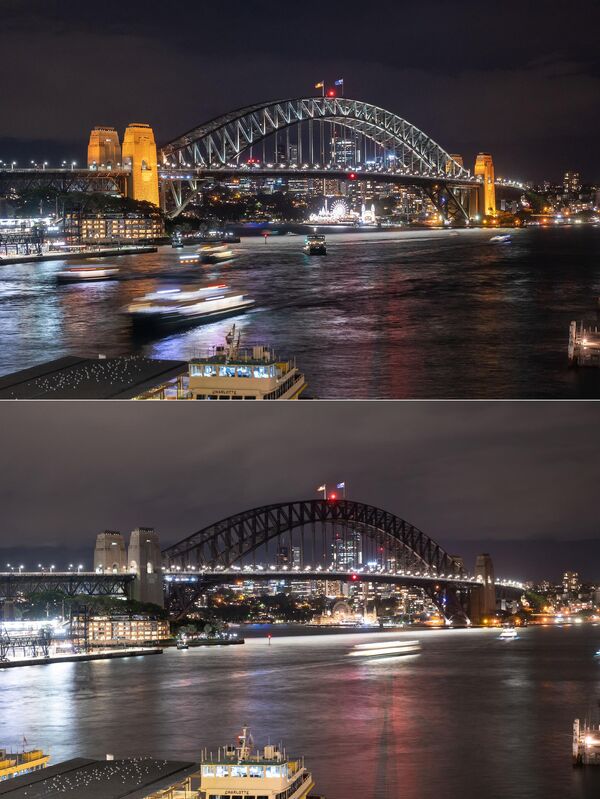 پل سیدنی (پایین) را با چراغ‌های خاموش آن در طول کمپاین محیطی ساعت زمین و پس از روشن شدن دوباره در سیدنی در 25 مارچ 2023 نشان می‌دهد. - اسپوتنیک افغانستان  