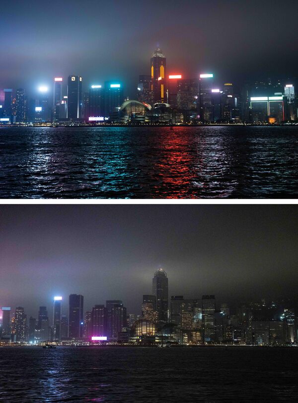 این ترکیبی از عکس‌ها نمای افق هنگ‌کنگ را قبل از (بالا) و بعد از (پایین) نشان می‌دهد که چراغ‌ها به نشانه کمپاین محیطی ساعت زمین در 25 مارچ 2023 خاموش شدند. - اسپوتنیک افغانستان  