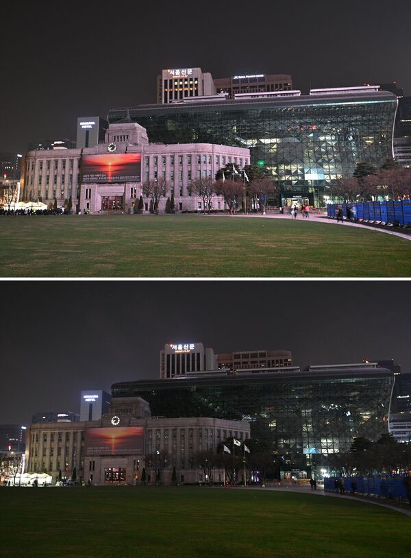 این ترکیب از عکس‌ها، تالار شهر سئول را نشان می‌دهد که قبل از (بالا) و بعد از (پایین) چراغ‌ها به نشانه کمپاین زیست‌ محیطی ساعت زمین در سئول در 25 مارچ 2023 خاموش شده است. - اسپوتنیک افغانستان  