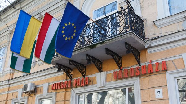 Флаги Венгрии, Украины и Евросоюза в украинском городе Берегово, где проживают закарпатские венгры  - اسپوتنیک افغانستان  