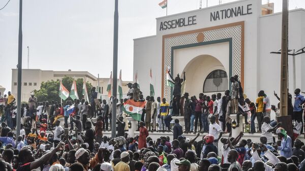 Сторонники размахивают флагами Нигерии, митингуя в поддержку нигерийской хунты перед зданием Национальной ассамблеи в Ниамее - اسپوتنیک افغانستان  