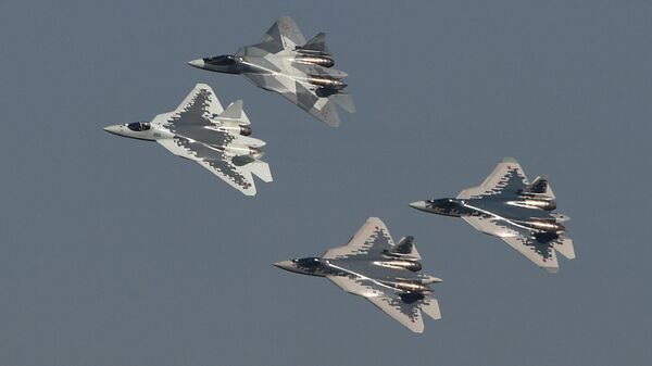 5th generation Sukhoi Su-57 fighter jets perform at the MAKS-2019 international aviation and space show in Zhukovsky, outside Moscow, Russia - اسپوتنیک افغانستان  