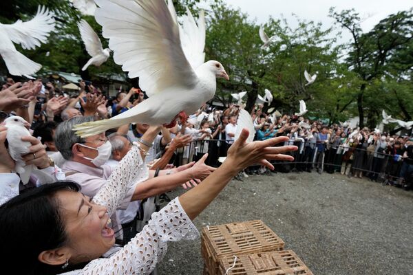 کبوترها با دعای صلح توسط عبادت کنندگان در معبد یاسوکونی در توکیو، جاپان آزاد می شوند. - اسپوتنیک افغانستان  