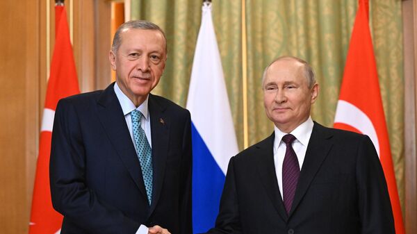 Президент РФ Владимир Путин и президент Турецкой Республики Реджеп Тайип Эрдоган во время встречи - اسپوتنیک افغانستان  
