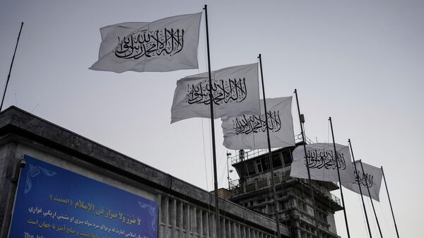Taliban flags fly at the airport in Kabul, Afghanistan, Sept. 9, 2021. - اسپوتنیک افغانستان  