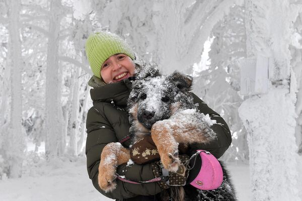یک دختر در وقت پیاده روی در جنگلی برفی در دمای هوای حدود -30 درجه سانتیگراد در منطقه کراسنویارسک با توله سگ خود عکس می گیرد. - اسپوتنیک افغانستان  