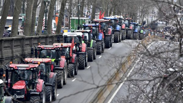 Фермеры на тракторах блокируют движение в центре Брюсселя во время демонстрации против плана по снижению уровня нитратов - اسپوتنیک افغانستان  