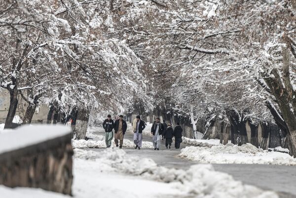 مردان افغان در 19 فبروری 2024 در امتداد جاده پر از برف در ولسوالی پغمان در حومه کابل قدم می زنند. (عکس از وکیل کوهسار / خبرگزاری فرانسه) - اسپوتنیک افغانستان  