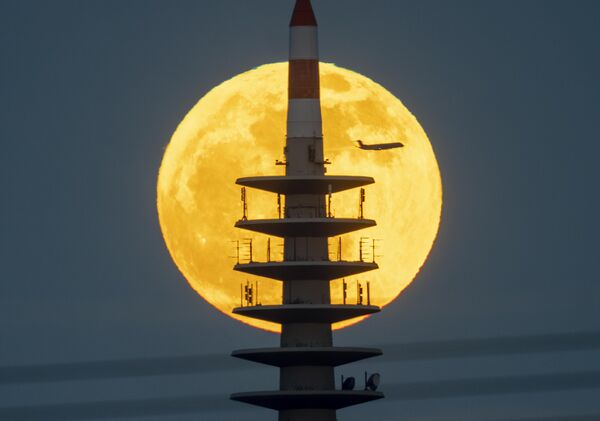 ماه در پشت برج تلویزیون در فرانکفورت، آلمان، سه شنبه، 23 اپریل 2024 طلوع می کند. (AP Photo/Michael Probst) - اسپوتنیک افغانستان  