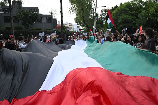 تظاهرکنندگان در جریان تظاهرات حامی فلسطین به نام &quot;اقدام فوری برای رفح&quot; که در مقابل سفارت اسرائیل در مکسیکوسیتی در 28 می 2024 برگزار شد، با پولیس درگیر شدند. - اسپوتنیک افغانستان  