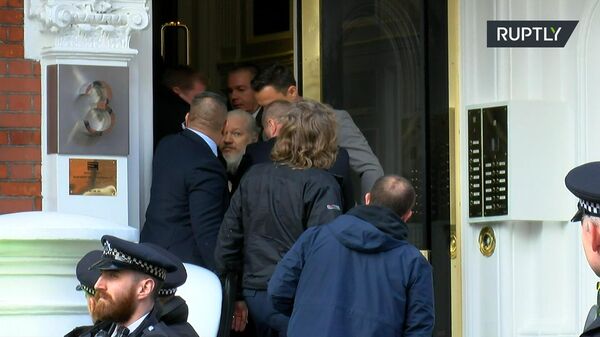 Сотрудники британской полиции выводят из здания посольства Эквадора арестованного основателя WikiLeaks Джулиана Ассанжа - اسپوتنیک افغانستان  