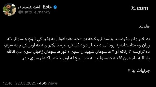 رویداد ناگوار غرق شدن تراکتور در رودخانه؛ جان باختن 12 تن در هلمند - اسپوتنیک افغانستان  