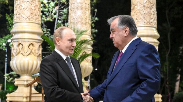 Президент РФ Владимир Путин и президент Таджикистана Эмомали Рахмон (справа) перед неформальным обедом на территории ботанического сада Ирам в Душанбе - اسپوتنیک افغانستان  